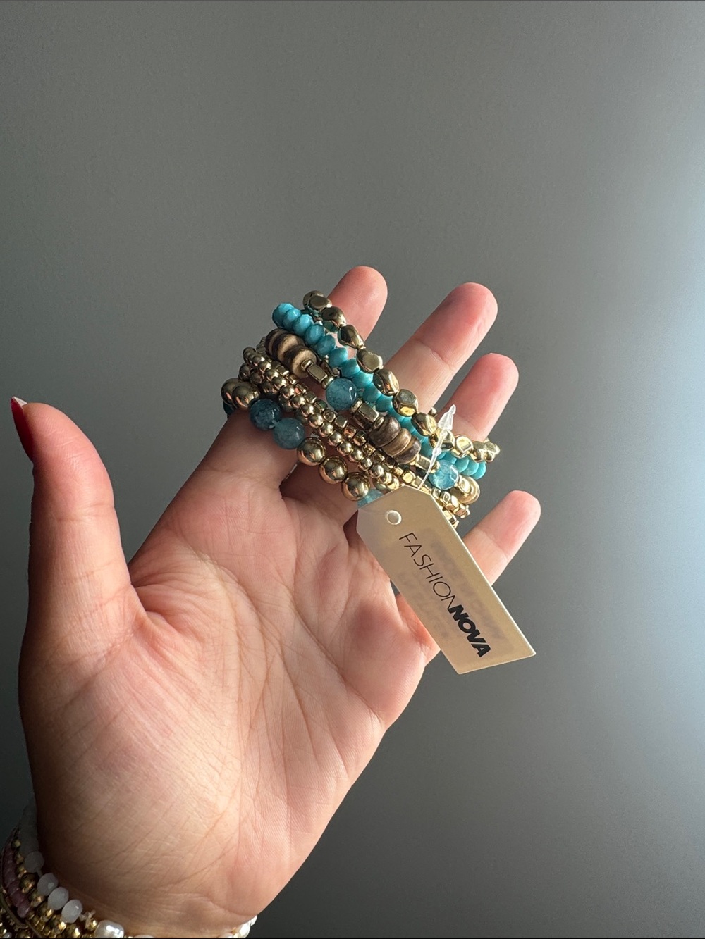 Fashion Nova Turquoise & Gold Layered Bead Bracelet Set